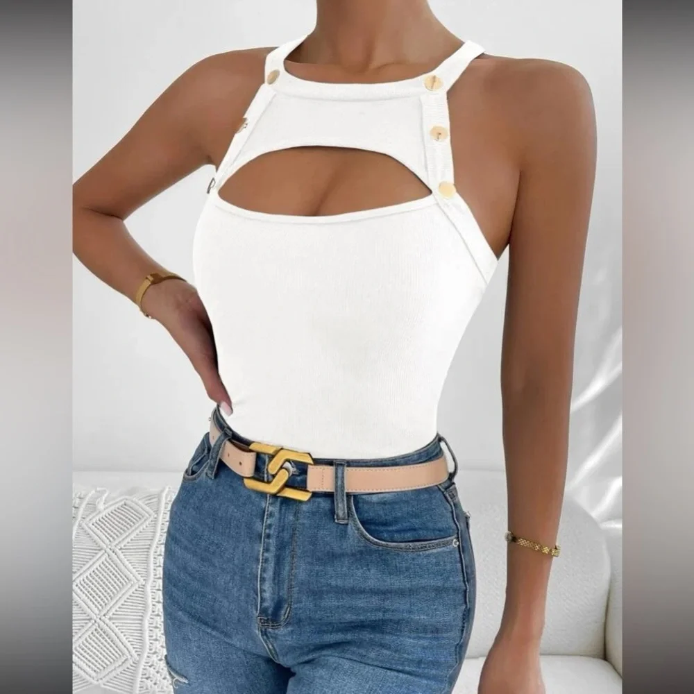 Luxe button detail cutout halter top